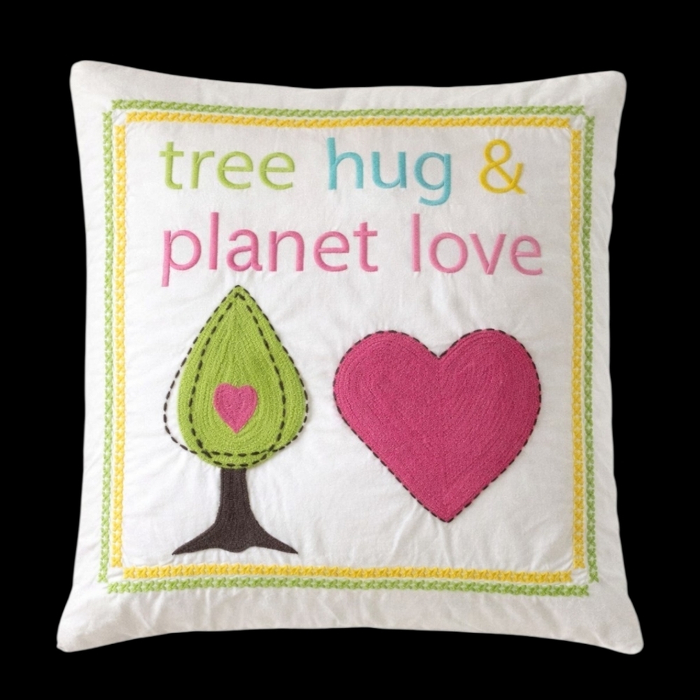 Pottery Barn Teen Tree Hug Planet Love Pillow Cover Organic Cotton Embroidered‎